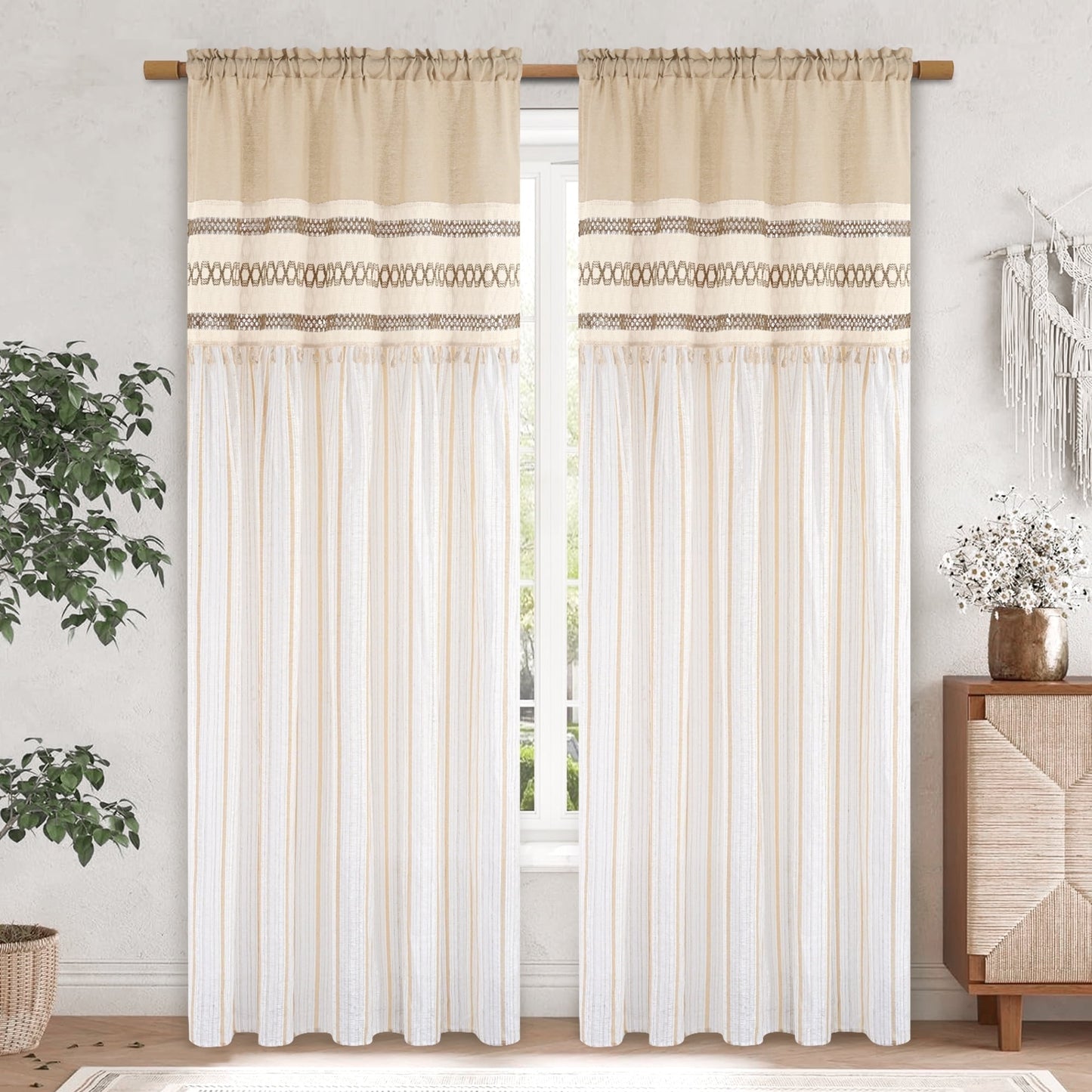 Alishomtll Boho Linen Light Filtering Curtains 84 Inches Long Farmhouse Rustic Striped Drapes Macrame Burlap ,Rod Pocket ,Beige ,with Tassel