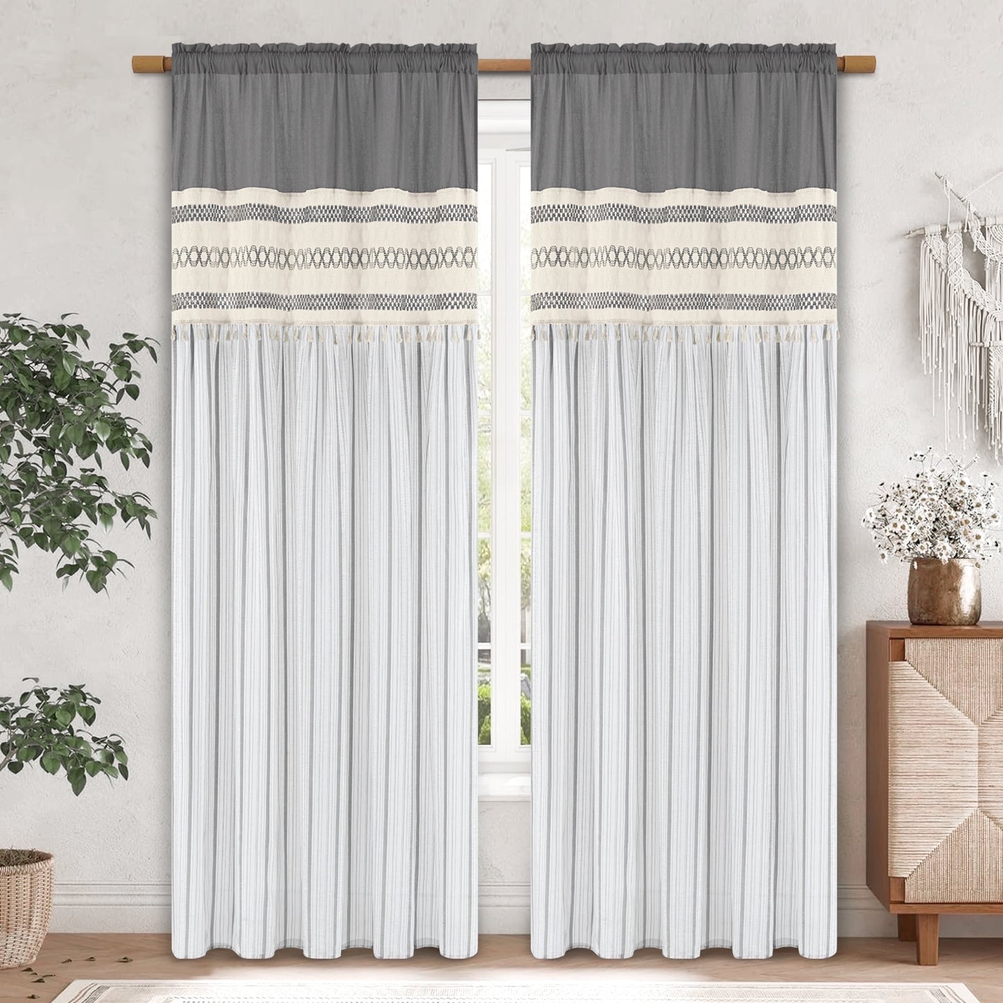 Alishomtll Boho Linen Light Filtering Curtains 84 Inches Long Farmhouse Rustic Striped Drapes Macrame Burlap ,Rod Pocket ,Beige ,with Tassel