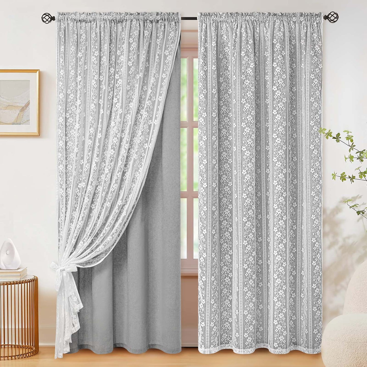 Alishomtll Beige Linen Curtains with Lace Sheer 84 Inches Long, Double Layer Light Filtering Window Drapes for Bedroom Living Room,W52 X L84,2 Panels