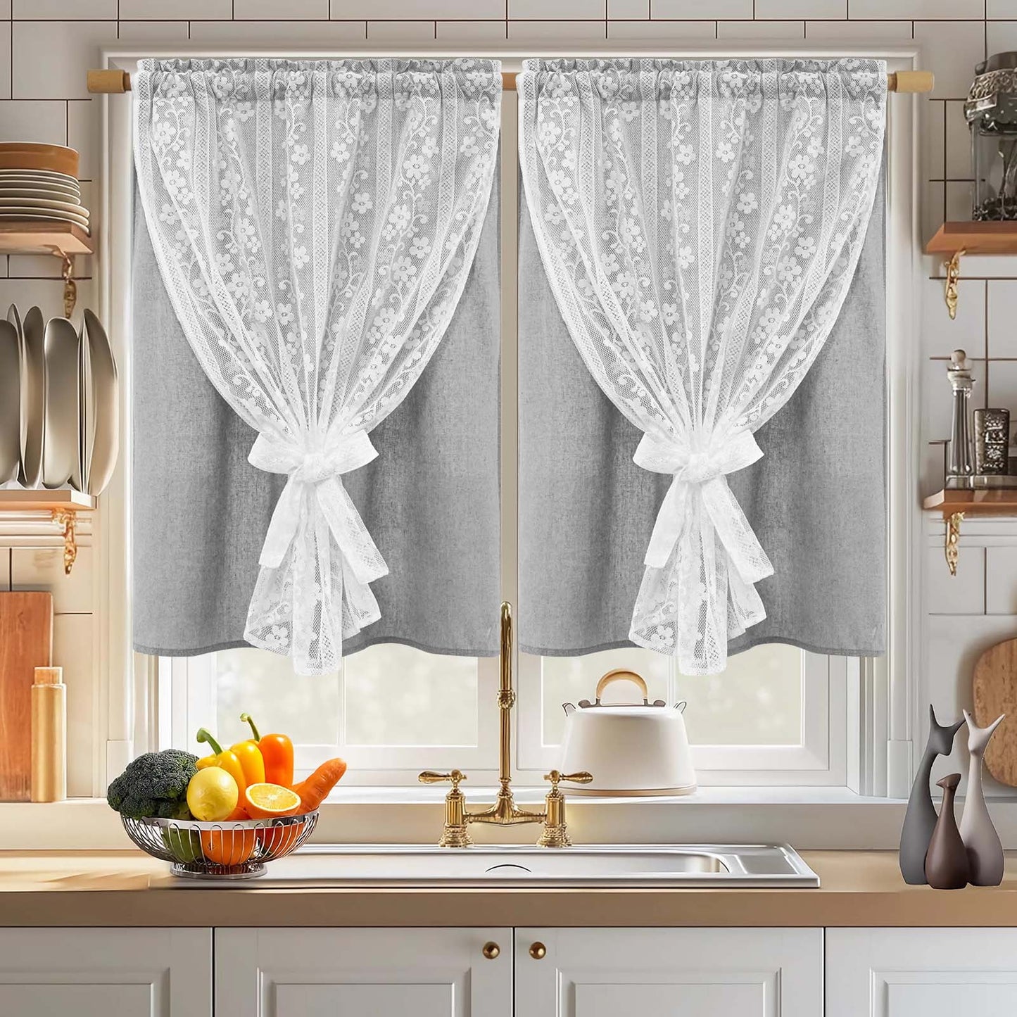 Alishomtll Beige Linen Curtains with Lace Sheer 84 Inches Long, Double Layer Light Filtering Window Drapes for Bedroom Living Room,W52 X L84,2 Panels