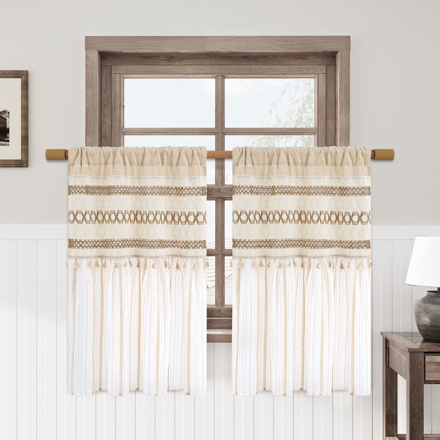 Alishomtll Boho Linen Light Filtering Curtains 84 Inches Long Farmhouse Rustic Striped Drapes Macrame Burlap ,Rod Pocket ,Beige ,with Tassel