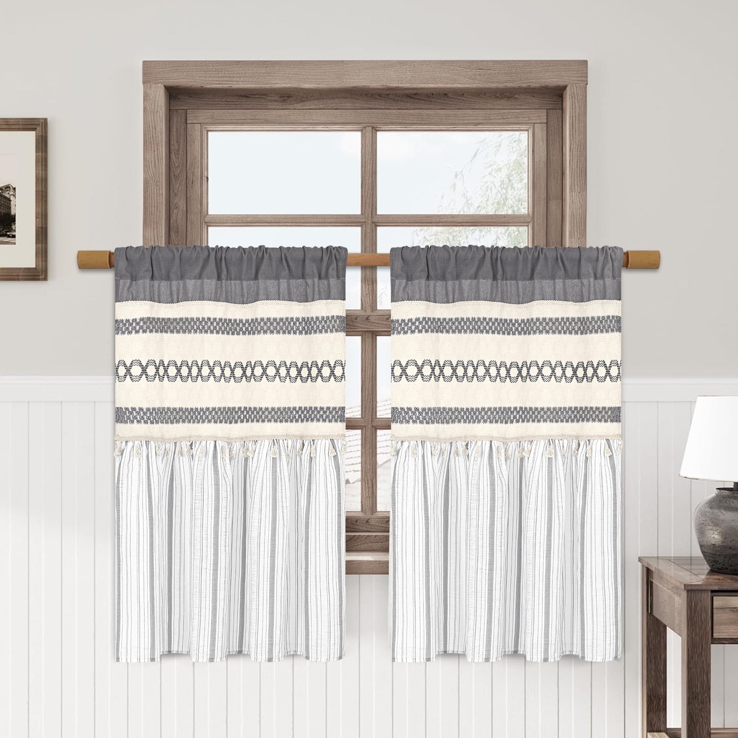 Alishomtll Boho Linen Light Filtering Curtains 84 Inches Long Farmhouse Rustic Striped Drapes Macrame Burlap ,Rod Pocket ,Beige ,with Tassel