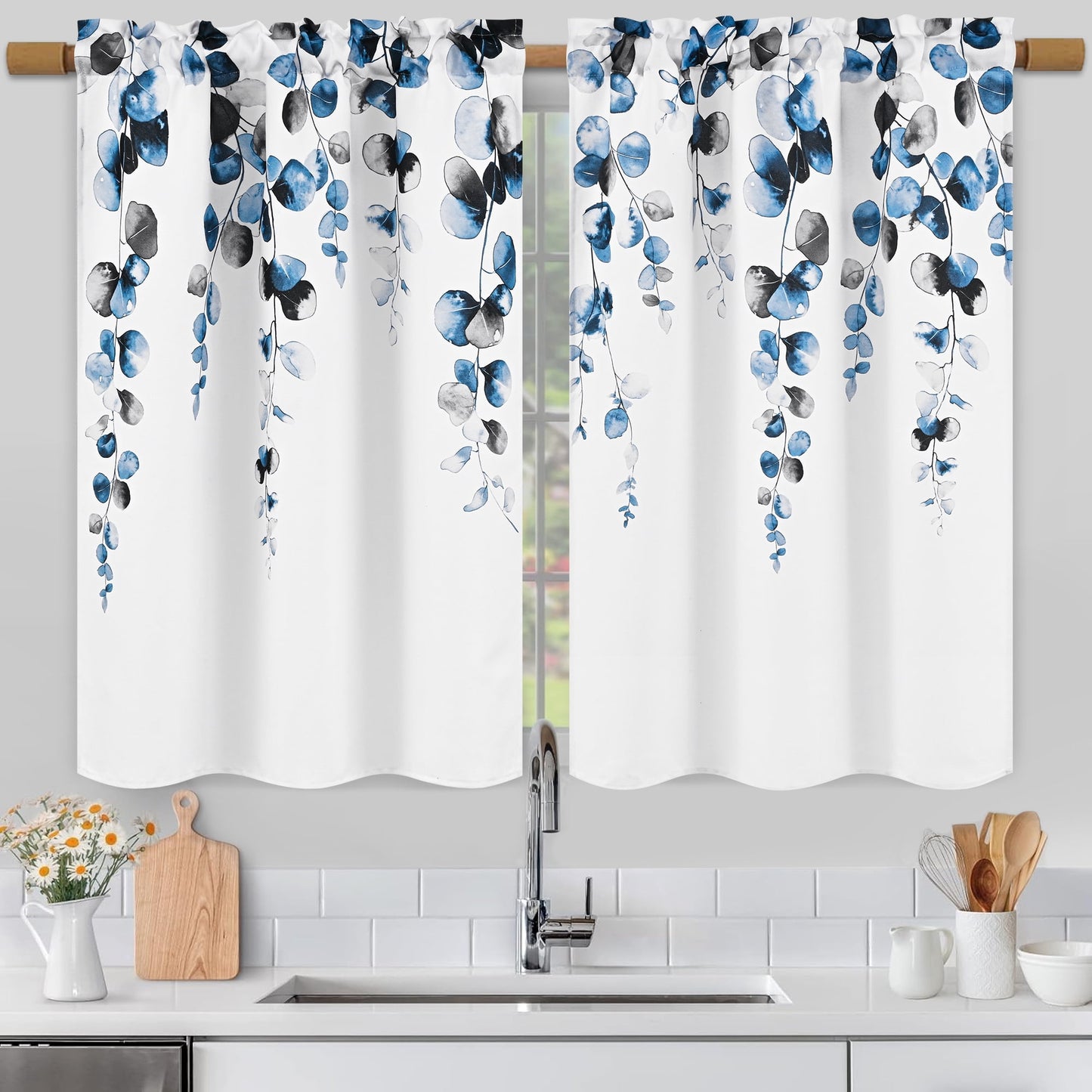 Alishomtll Valance Curtains for Living Room Bedroom Kitchen Windows Grey Blue Watercolor Leaves Print ,52 x 18 inch,Rod Pocket