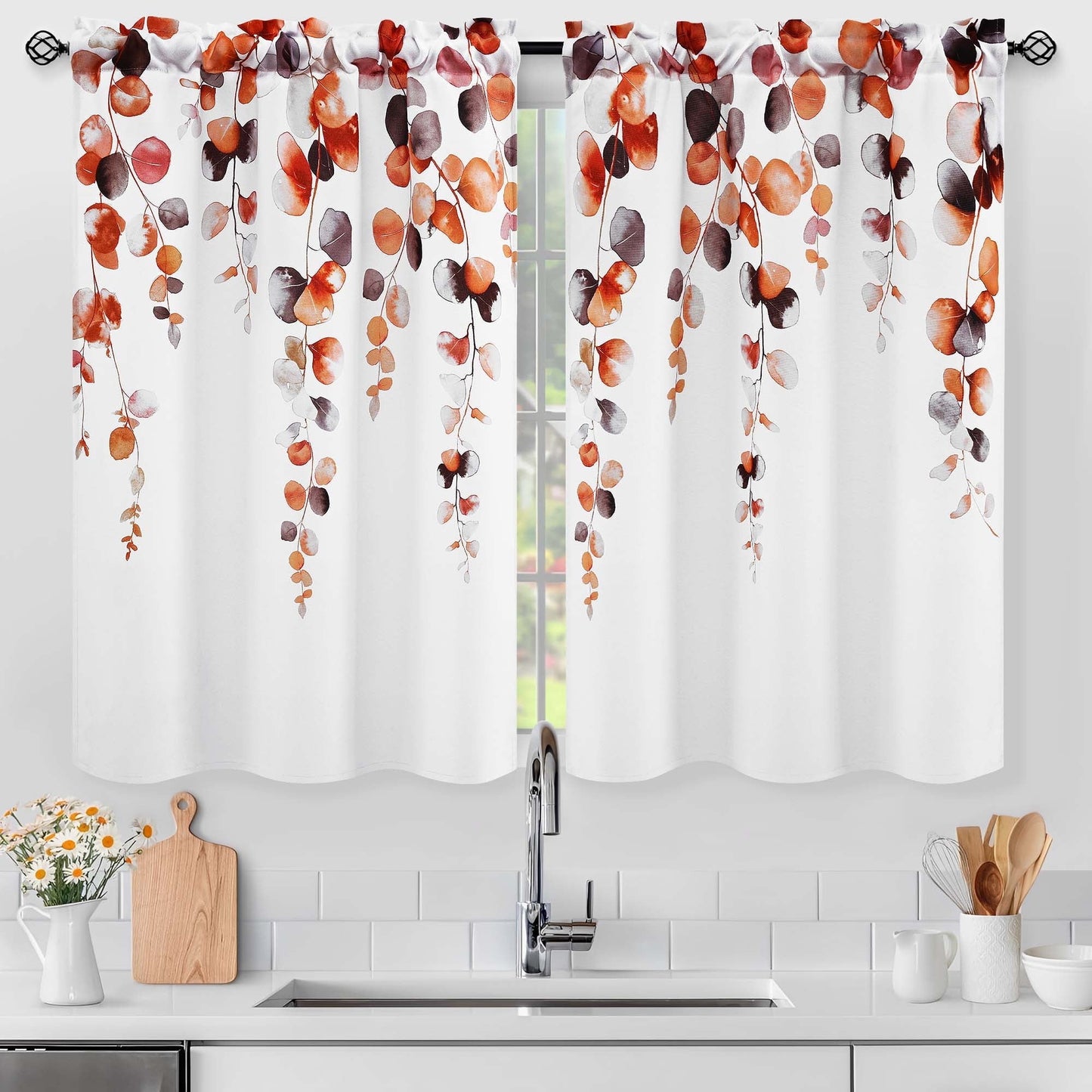Alishomtll Fall Autumn Valance Curtains for Living Room Bedroom Kitchen Windows Grey Orange Watercolor Leaves Print ,52 x 18 inch,Rod Pocket