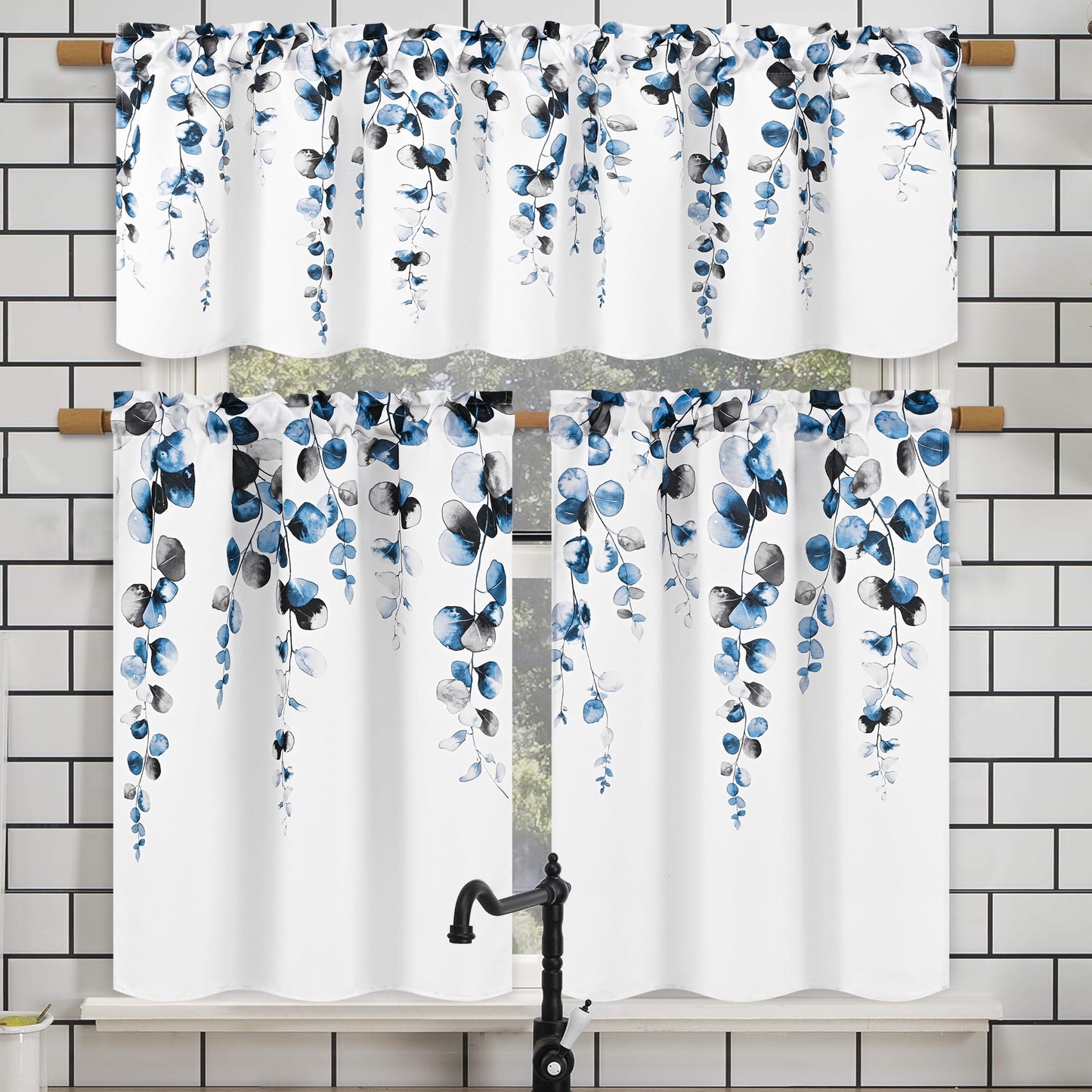 Alishomtll Valance Curtains for Living Room Bedroom Kitchen Windows Grey Blue Watercolor Leaves Print ,52 x 18 inch,Rod Pocket
