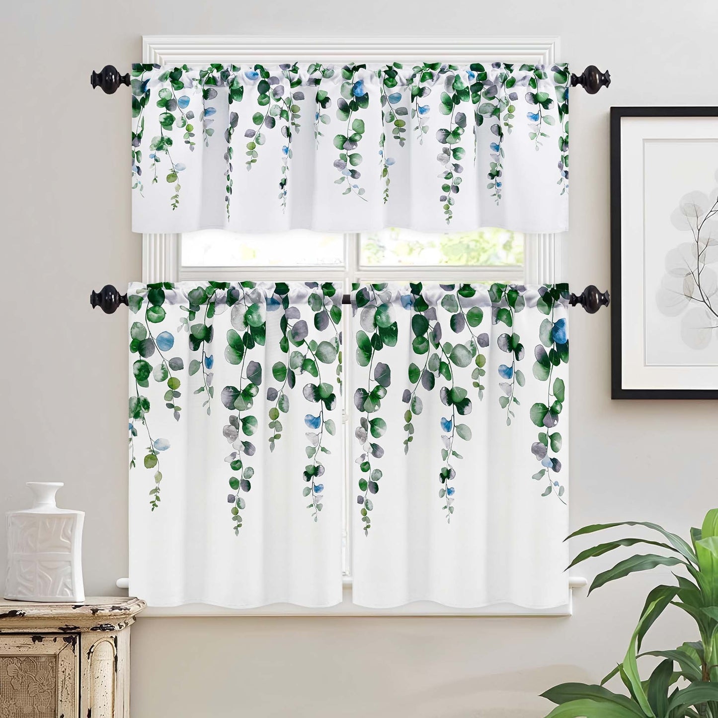 Alishomtll Kitchen Curtains and Valances Sets Grey Green Watercolor Leaves Print Kitchen Curtains 3 Piece Set 36 Inches Long,Rod Pocket