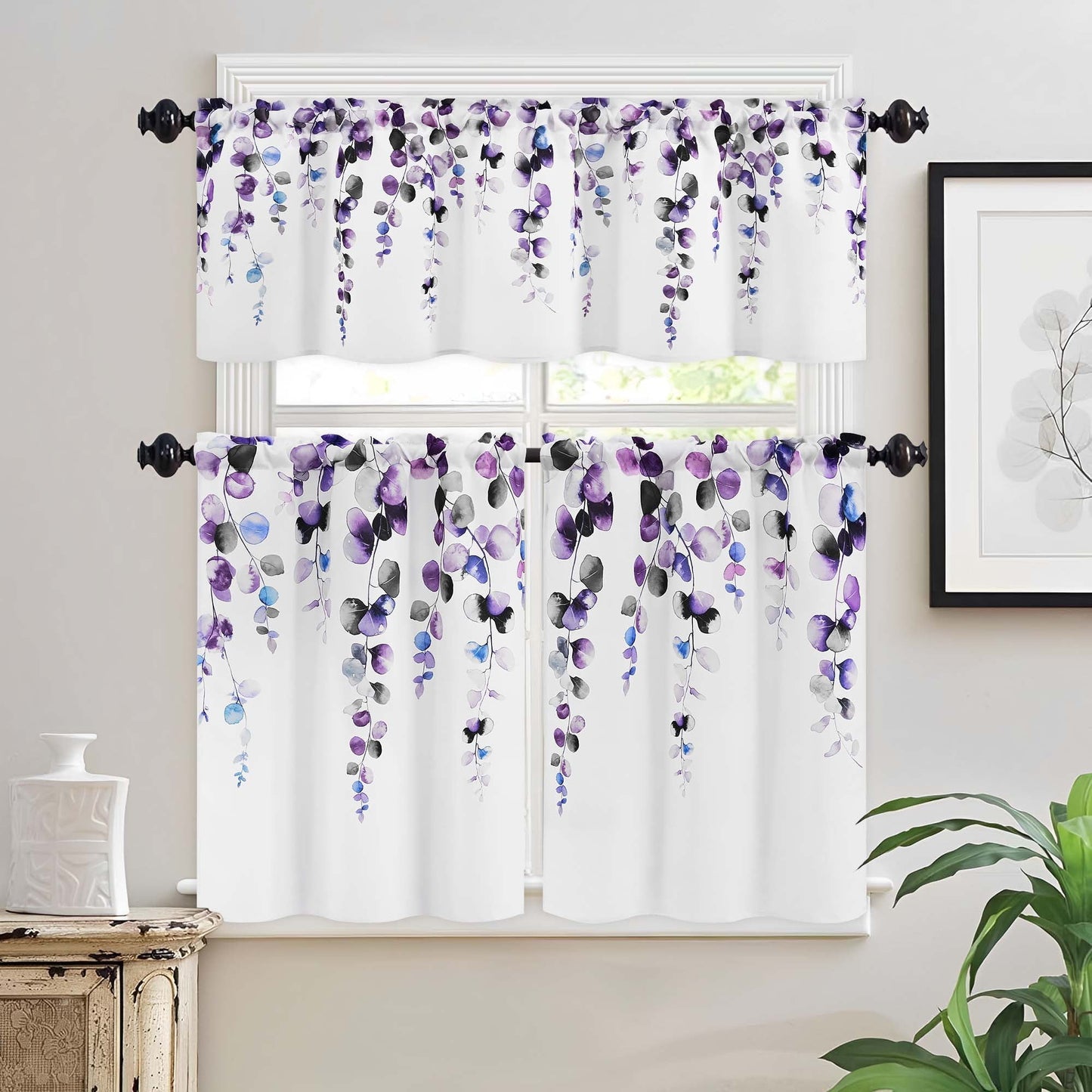 Alishomtll Valance Curtains for Living Room Bedroom Kitchen Windows Grey Purple Watercolor Leaves Print ,52 x 18 inch,Rod Pocket