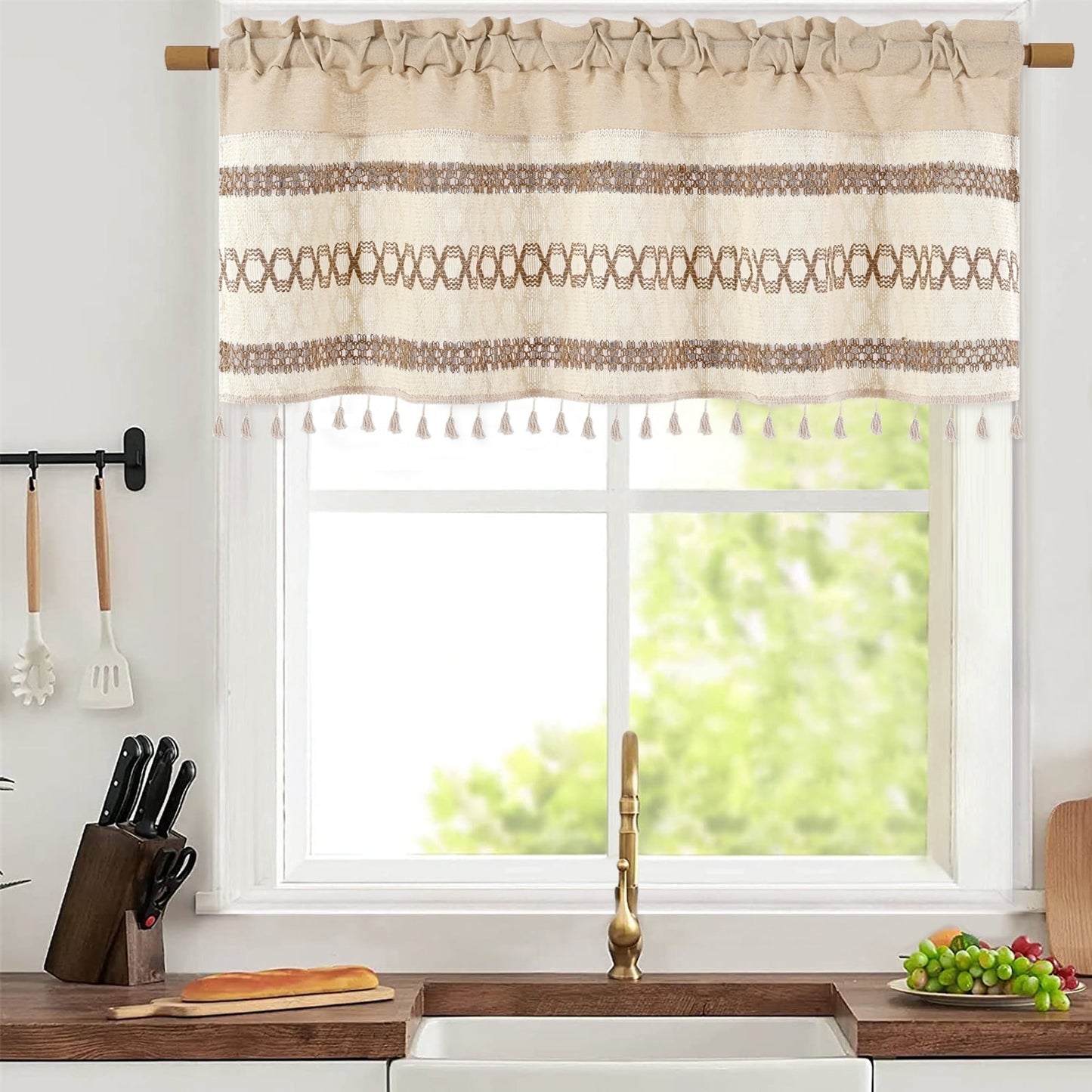 Alishomtll Boho Linen Light Filtering Curtains 84 Inches Long Farmhouse Rustic Striped Drapes Macrame Burlap ,Rod Pocket ,Beige ,with Tassel