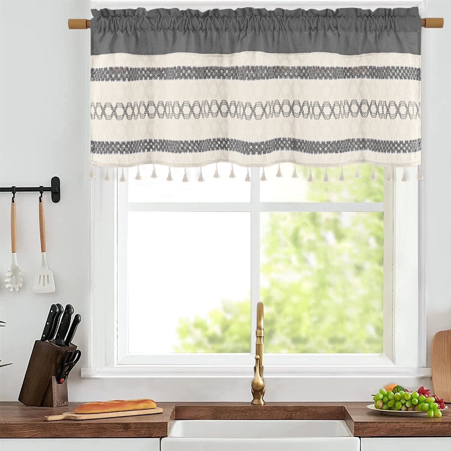 Alishomtll Boho Linen Light Filtering Curtains 84 Inches Long Farmhouse Rustic Striped Drapes Macrame Burlap ,Rod Pocket ,Beige ,with Tassel