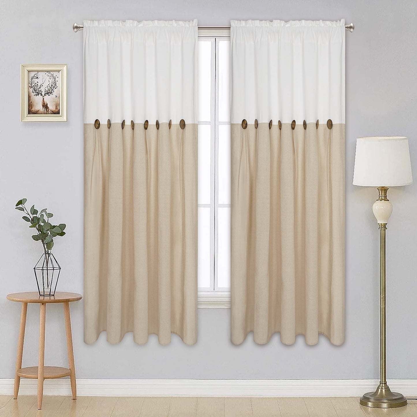 Alishomtll Linen Curtains Farmhouse Boho Button Light Filtering Window Drapes For Living Room Bedroom,Rod Pocket,63"L x 52"W, 2 Panel,Linen White