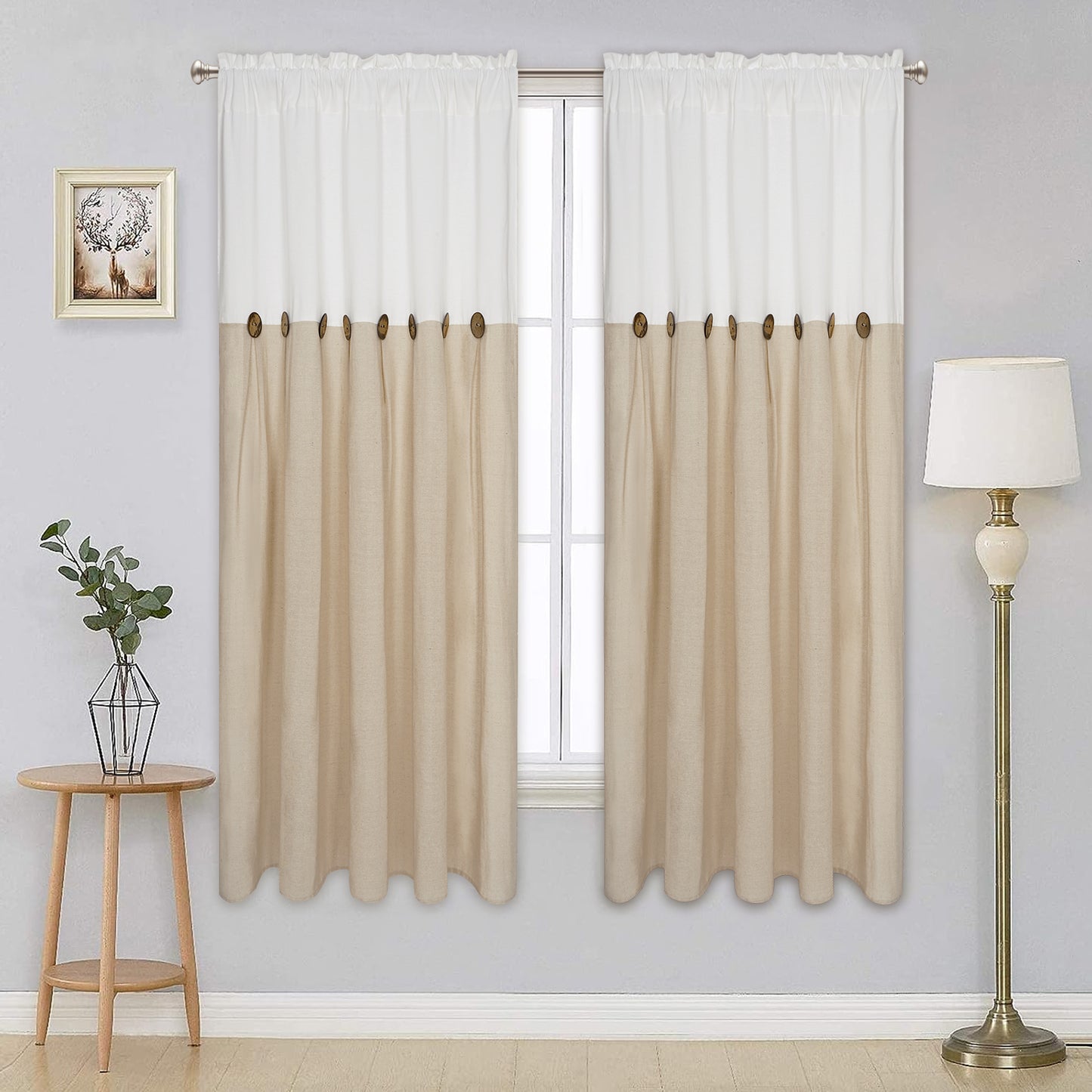 Alishomtll Linen Curtains Farmhouse Boho Button Light Filtering Window Drapes For Living Room Bedroom,Rod Pocket,2 Panel,Linen White