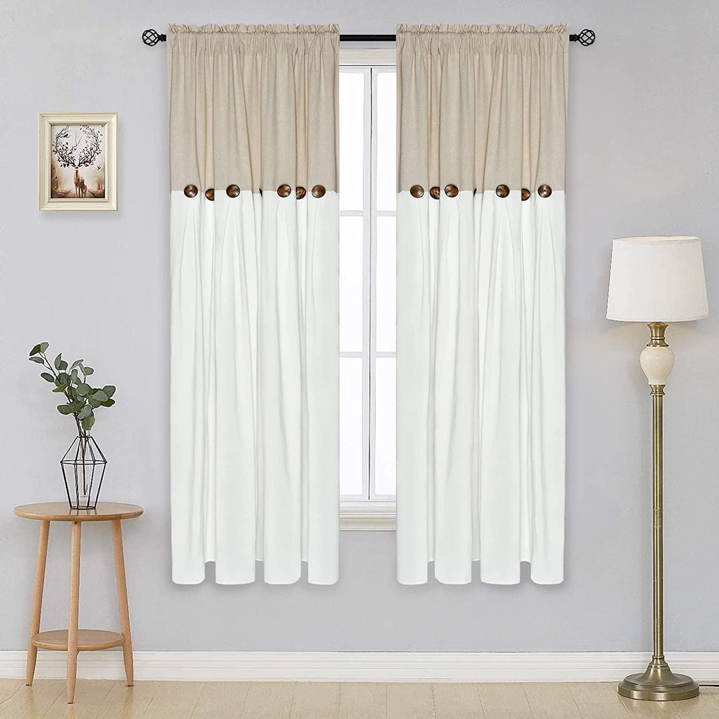 Alishomtll Linen Curtains Farmhouse Boho Button Light Filtering Window Drapes For Living Room Bedroom,Rod Pocket,63"L x 52"W, 2 Panel,White Linen
