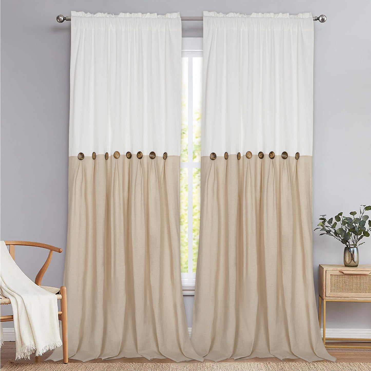 Alishomtll Linen Curtains Farmhouse Boho Button Light Filtering Window Drapes For Living Room Bedroom,Rod Pocket,2 Panel,Linen White