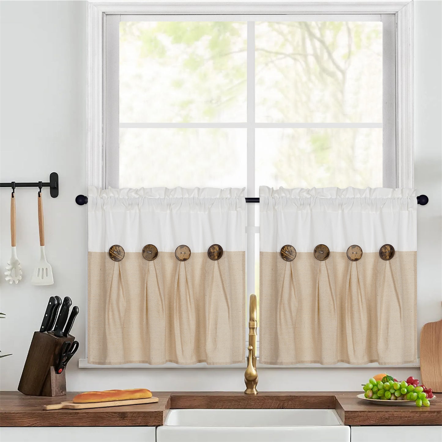 Alishomtll Linen Kitchen Curtains Farmhouse Boho Button Light Filtering Window Drapes,Rod Pocket, 2 Panel,Linen White