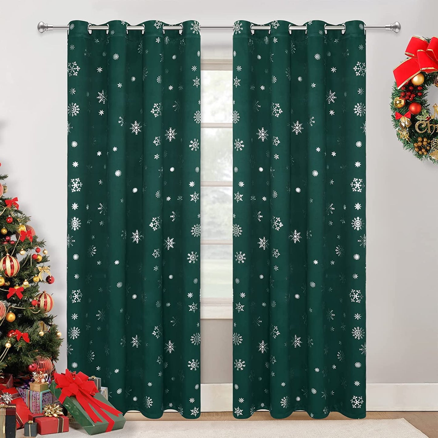 Alishomtll Snowflake Foil Print Christmas Blackout Curtains, Christmas Grommet Window Curtains Drapes, 104" x 84", Green