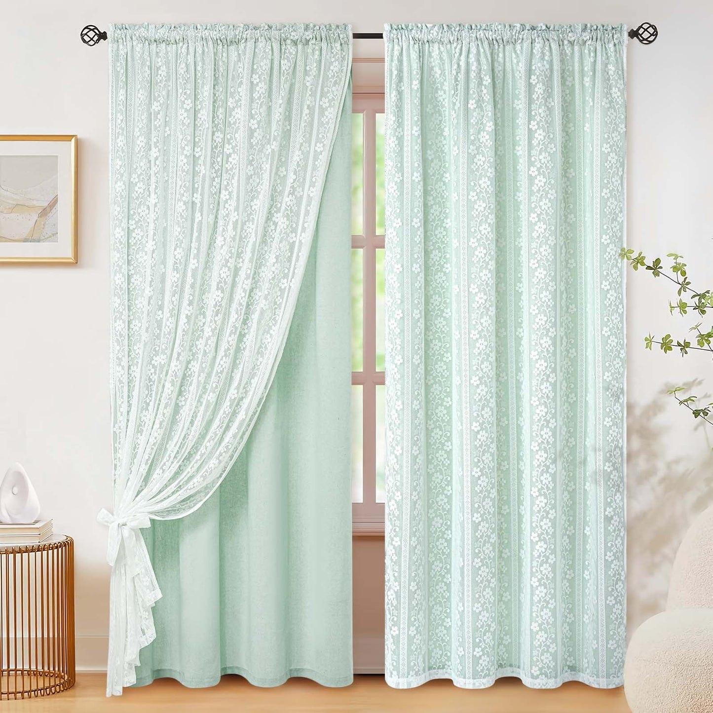 Alishomtll Beige Linen Curtains with Lace Sheer 84 Inches Long, Double Layer Light Filtering Window Drapes for Bedroom Living Room,W52 X L84,2 Panels