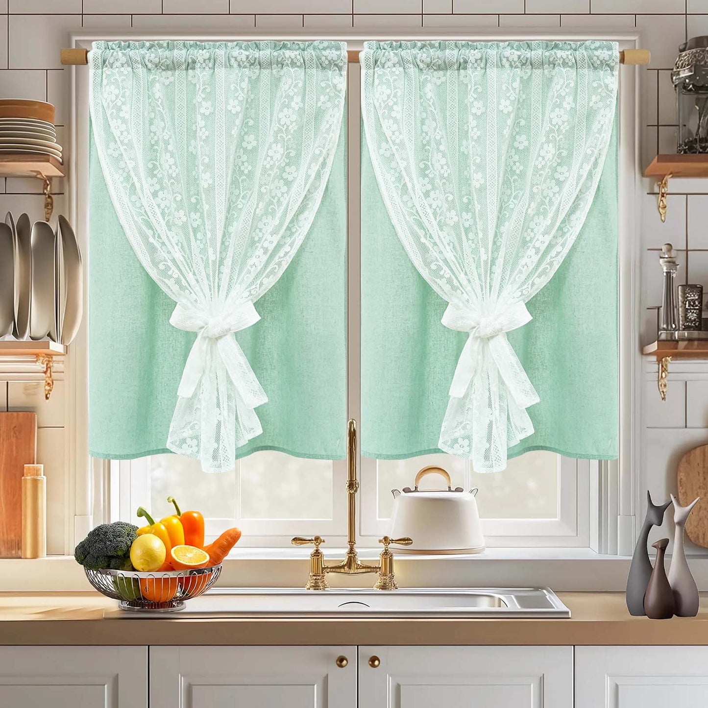 Alishomtll Beige Linen Curtains with Lace Sheer 84 Inches Long, Double Layer Light Filtering Window Drapes for Bedroom Living Room,W52 X L84,2 Panels