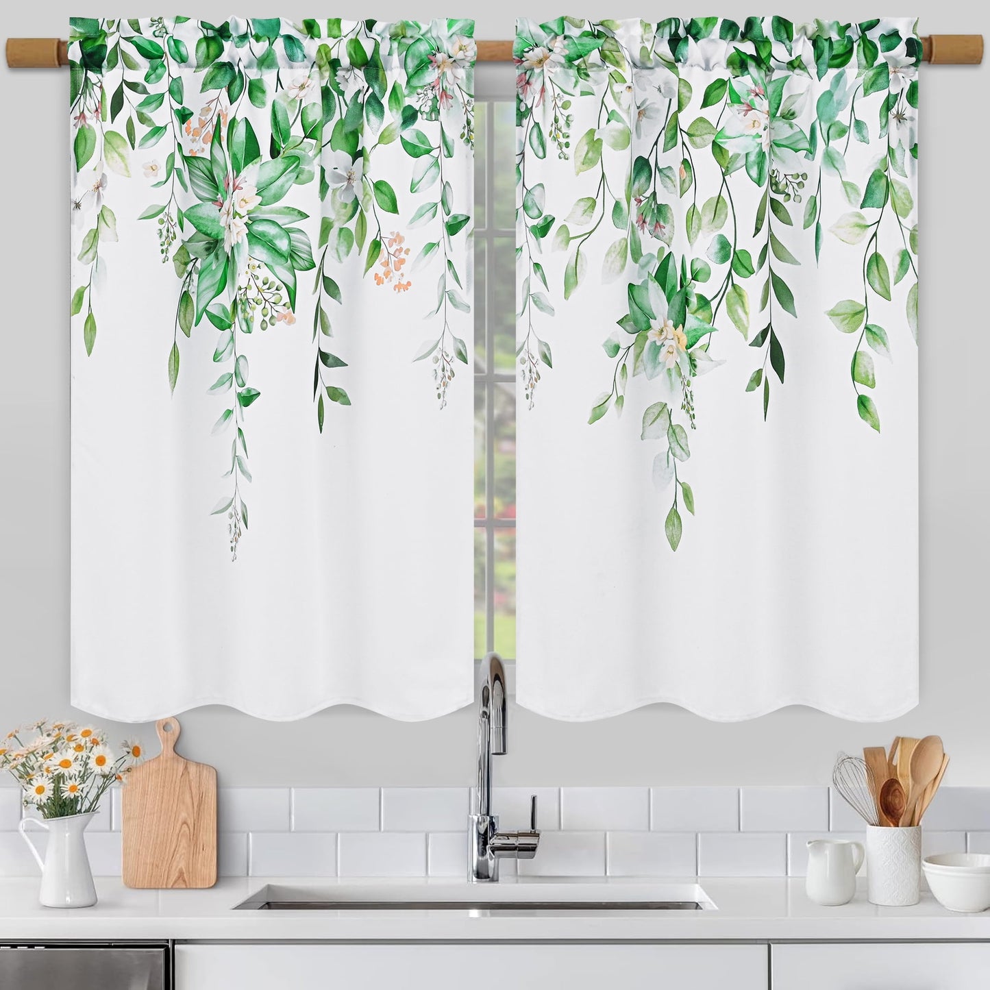 Alishomtll Green Valance Curtains for Living Room Bedroom Kitchen Windows Watercolor Floral Print ,52 x 18 inch,Rod Pocket