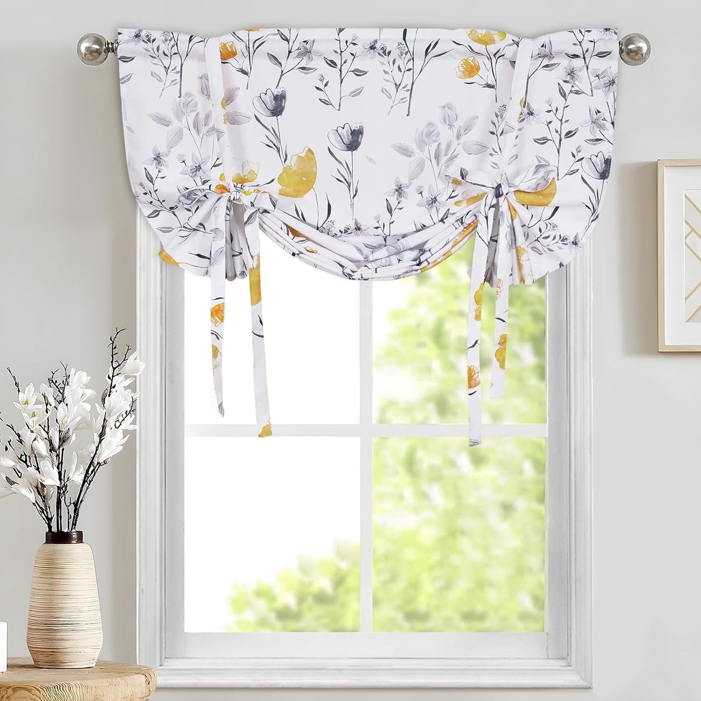 Alishomtll Yellow Gray Watercolor Floral Printed Balloon Adjustable Tie Up Valances Curtains, 42 x 63 Inch
