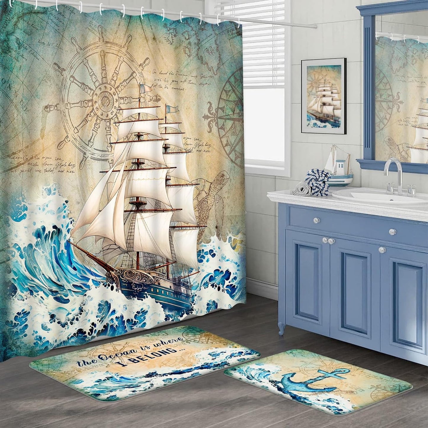 FRAMICS 15 Pc Nautical Ocean Bathroom Sets, Coastal Beach Shower curtain Sets with Non-Slip Rugs, Brown Waterproof Fabric Shower Curtain with Bath Mat and 12 Hooks