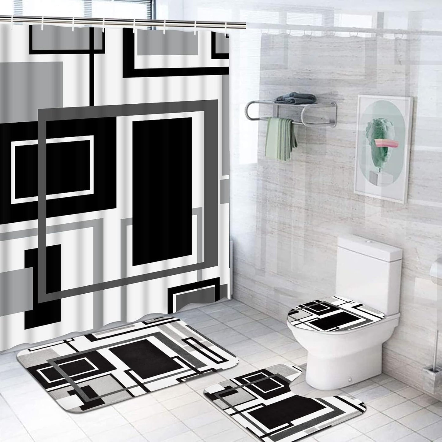 FRAMICS Black Geometric Shower Curtain Sets with Rugs, 16 Pc White Modern Abstract Bathroom Sets, Waterproof Fabric Bathroom Curtain Decor with Hooks