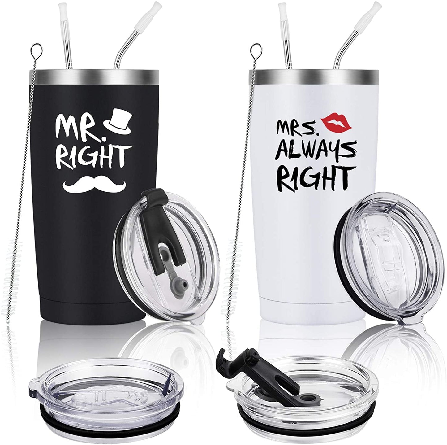 Gingprous 2 Pack 20 oz Mr. Right Mrs. Always Right Stainless Steel Travel Tumblers Set with Lids Straws , Black&White