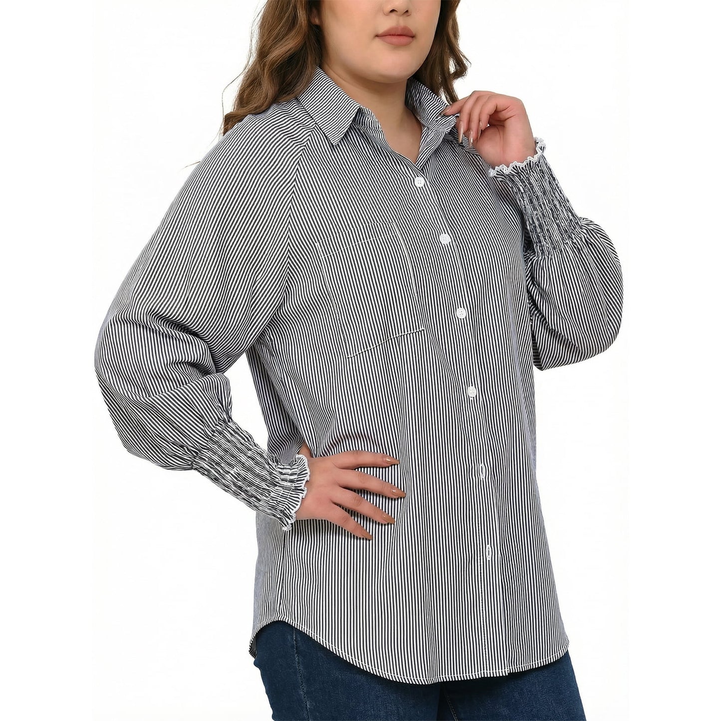 Gingprous Casual Button Down Shirt for Women Long Sleeve Oversized Striped Shirt with Pocket Smocked Cuffed Boyfriend Shirt
