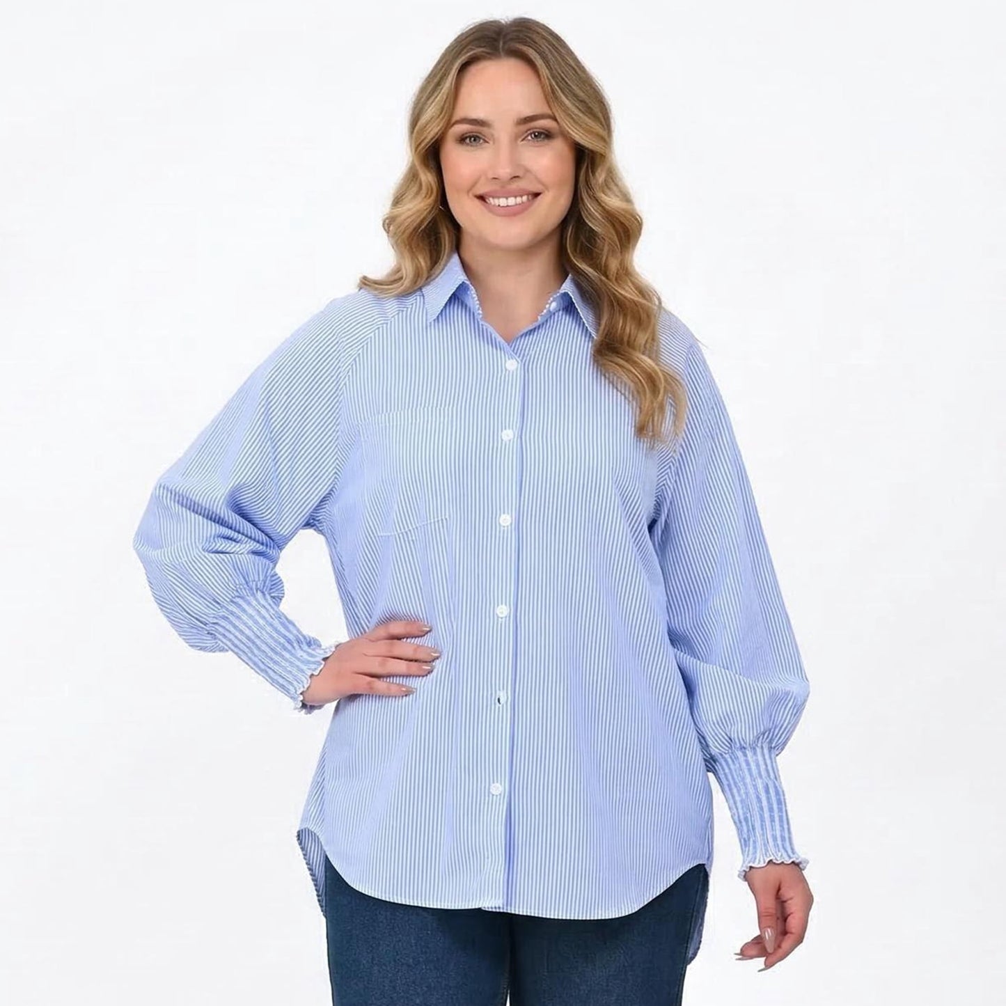 Gingprous Womens Casual Striped Button Down Shirt Long Sleeve Smocked Cuffed Blouse with Pocket Oversized Boyfriend Fit Top
