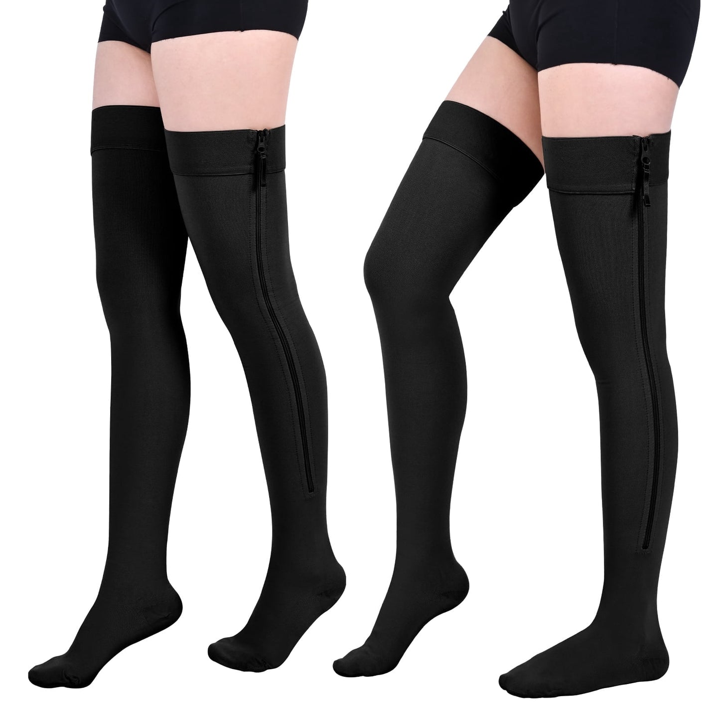 MARTINE MALL 2 Pairs Thigh High Zipper Compression Socks 20-30 Mmhg Closed Toe Compression Support Stockings for Pregnancy, Post-surgery, Swelling(Black+Beige)