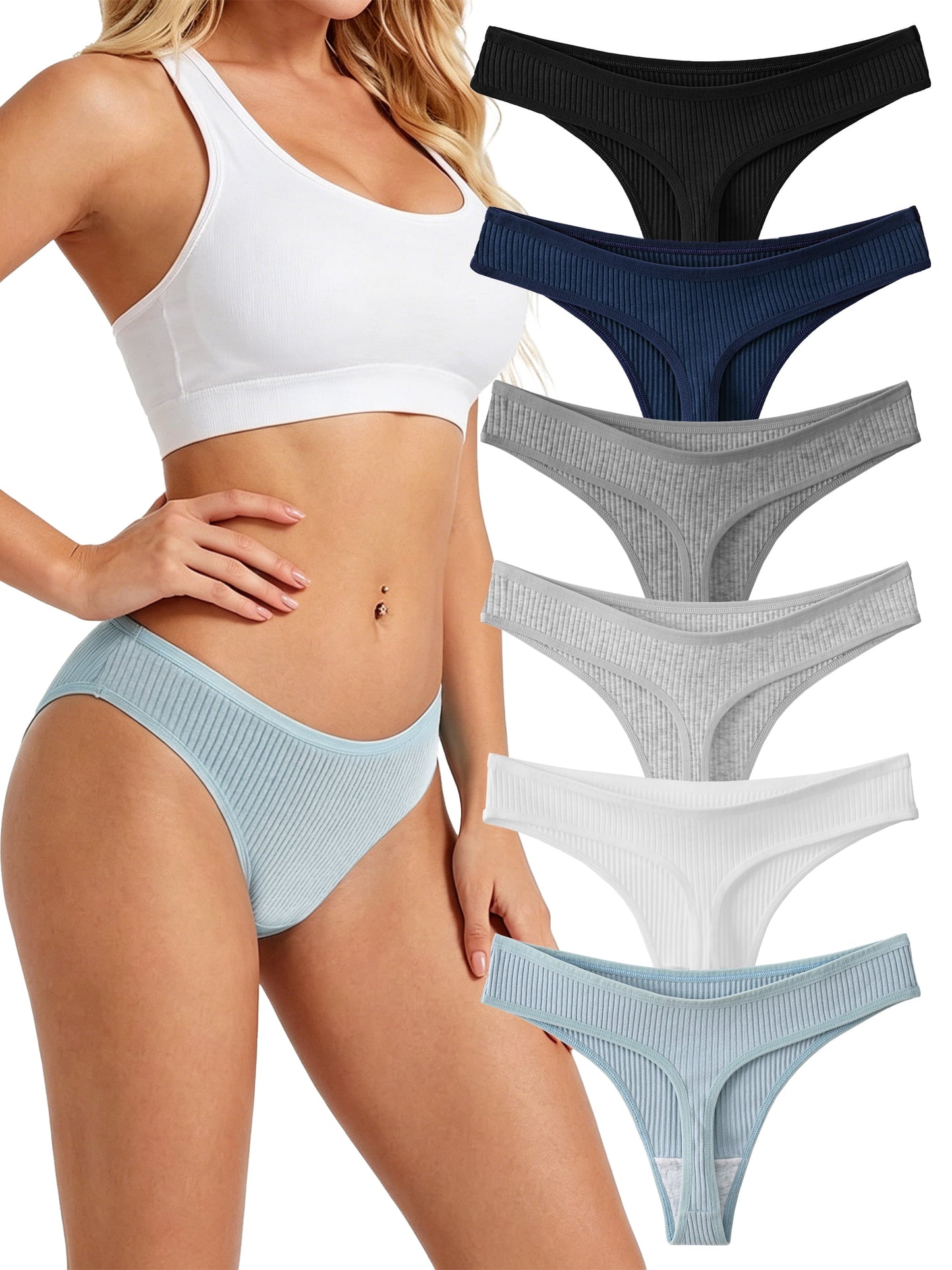 MecTo Cotton Thongs for Women, Womens Thongs Bikini Low Rise Thong Panties, No Show Underwear, 6-Pack
