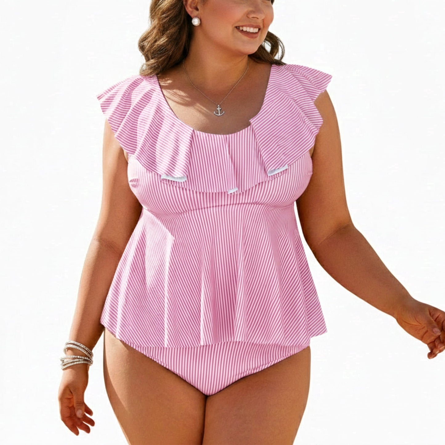 MecTo Tankini Swimsuits for Women Plus Size 2 Piece Swimsuit, Striped Ruffle Bikini Bathing Suit Swimwear