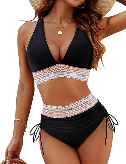 MecTo Women High Waisted Bikini Sets Tummy Control Swimsuits Color Block Two Piece Drawstring Bathing Suit