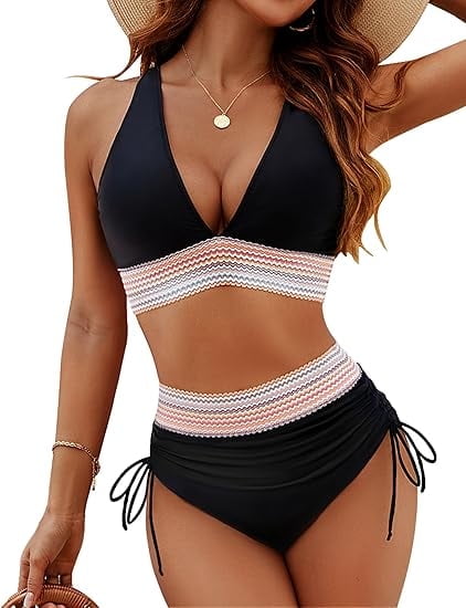 MecTo Women High Waisted Bikini Sets Tummy Control Swimsuits Color Block Two Piece Drawstring Bathing Suit