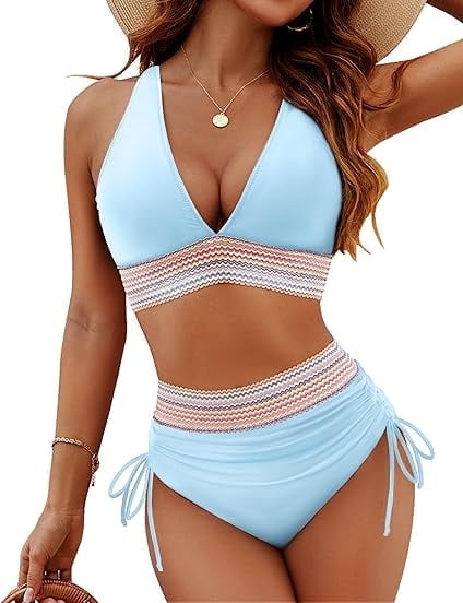 MecTo Women High Waisted Bikini Sets Tummy Control Swimsuits Color Block Two Piece Drawstring Bathing Suit