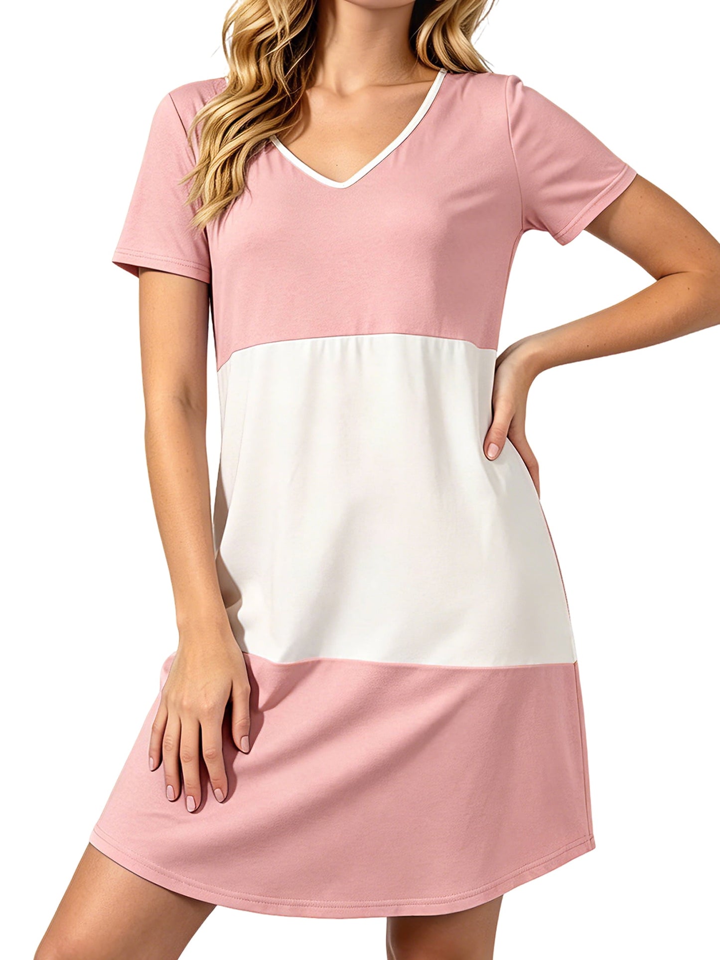 MecTo Women's Nightgown Cotton Blend Stretchy Loose Short Sleeve V-Neck Color Block Sleepwear