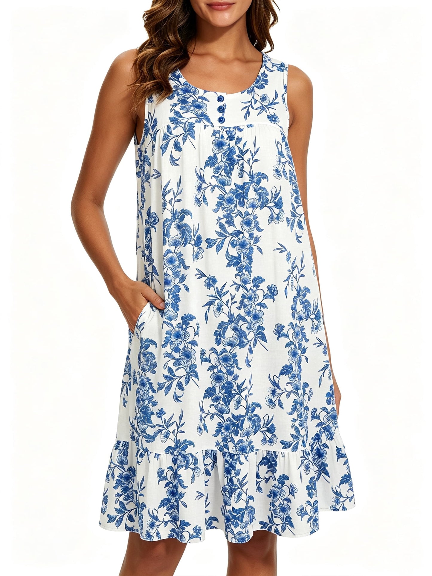 MecTo Women's Cotton Sleeveless, with Pocket, Ruffled Hem, Loose, Muumuu Nightgown