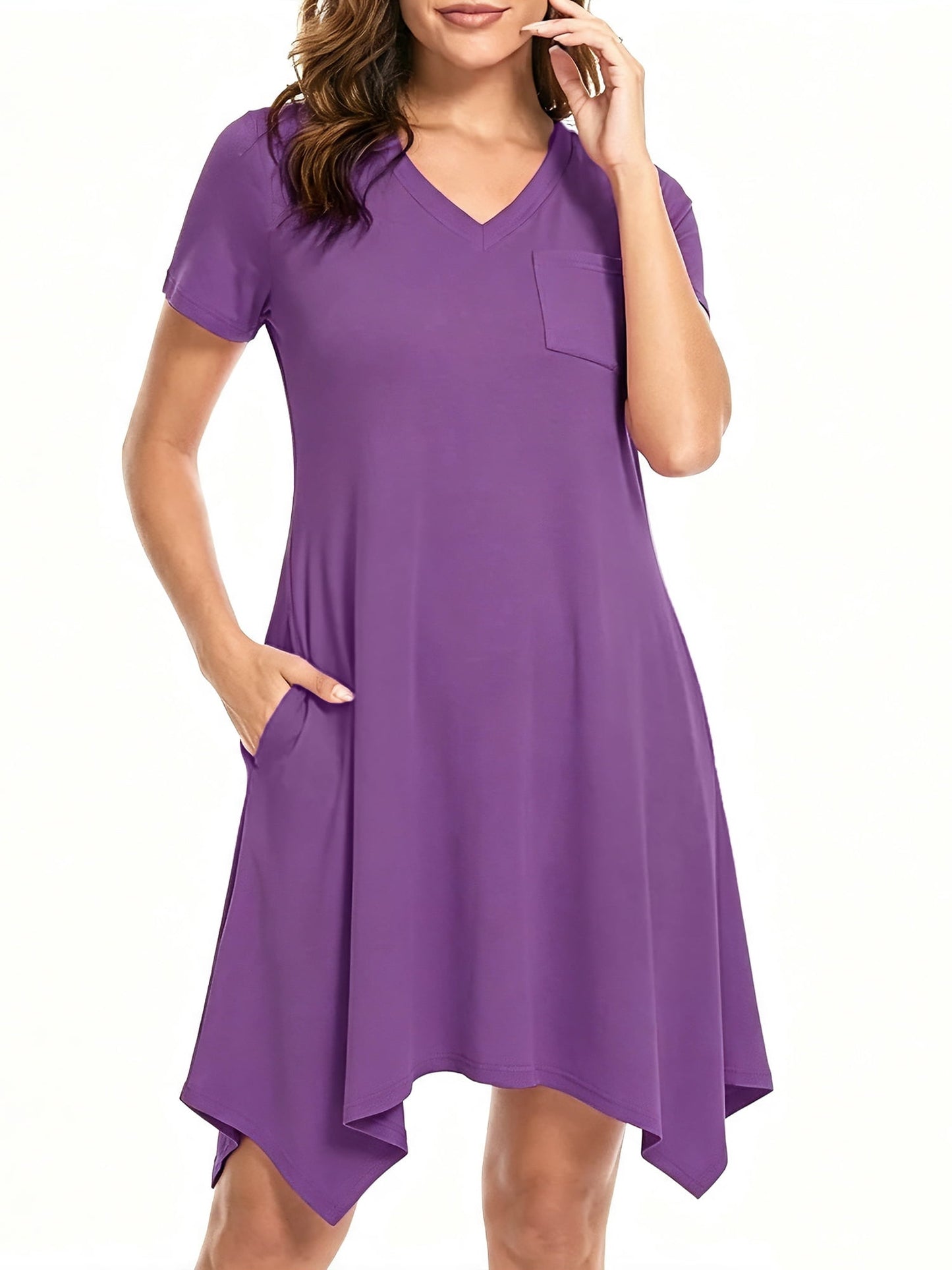 MecTo Women's Nightgown with Pockets, Soft V-Neck Short Sleeve Sleep Dress, Irregular Hem Stretchy Lounge Sleepwear Casual Nightshirt Beach Cover Up for Women