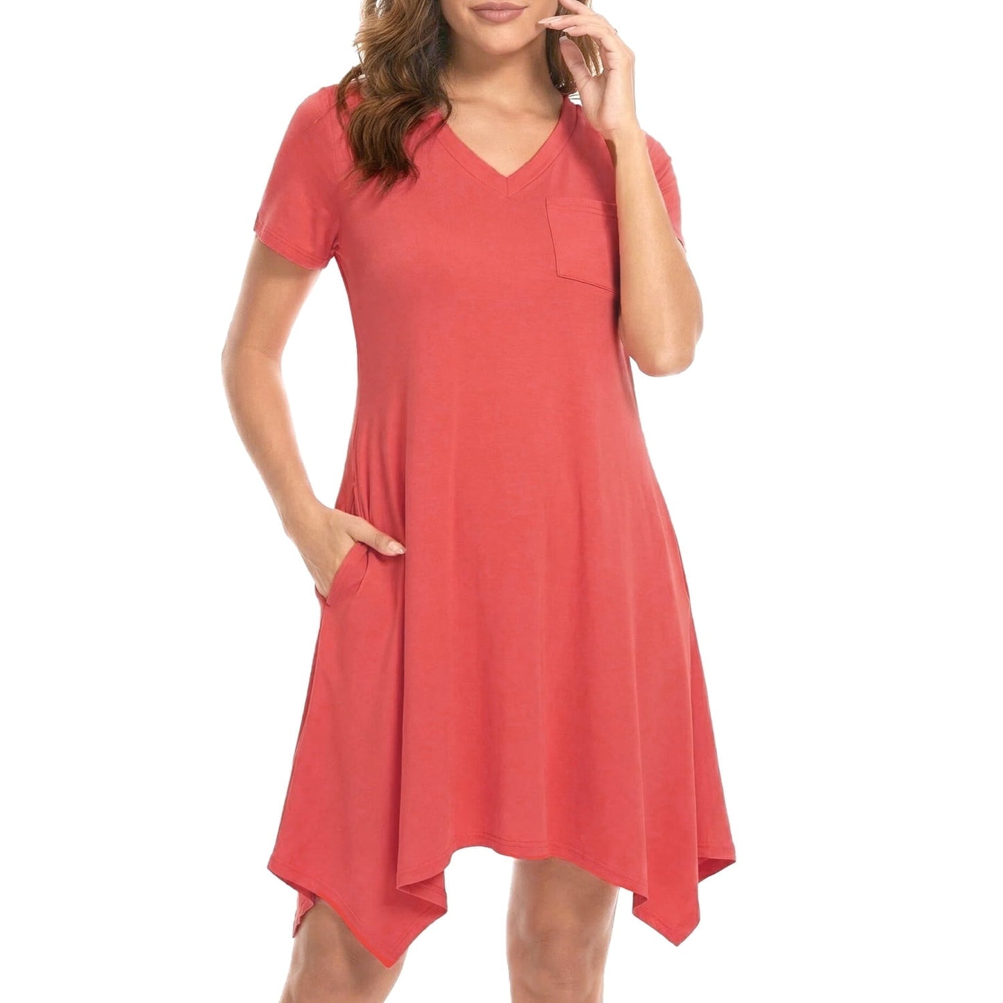 MecTo Women's Nightgown, Soft V-Neck Short Sleeve Nightgowns for Women with Pockets, Irregular Hem Casual Sleep Dress & Sleepshirt for Ladies
