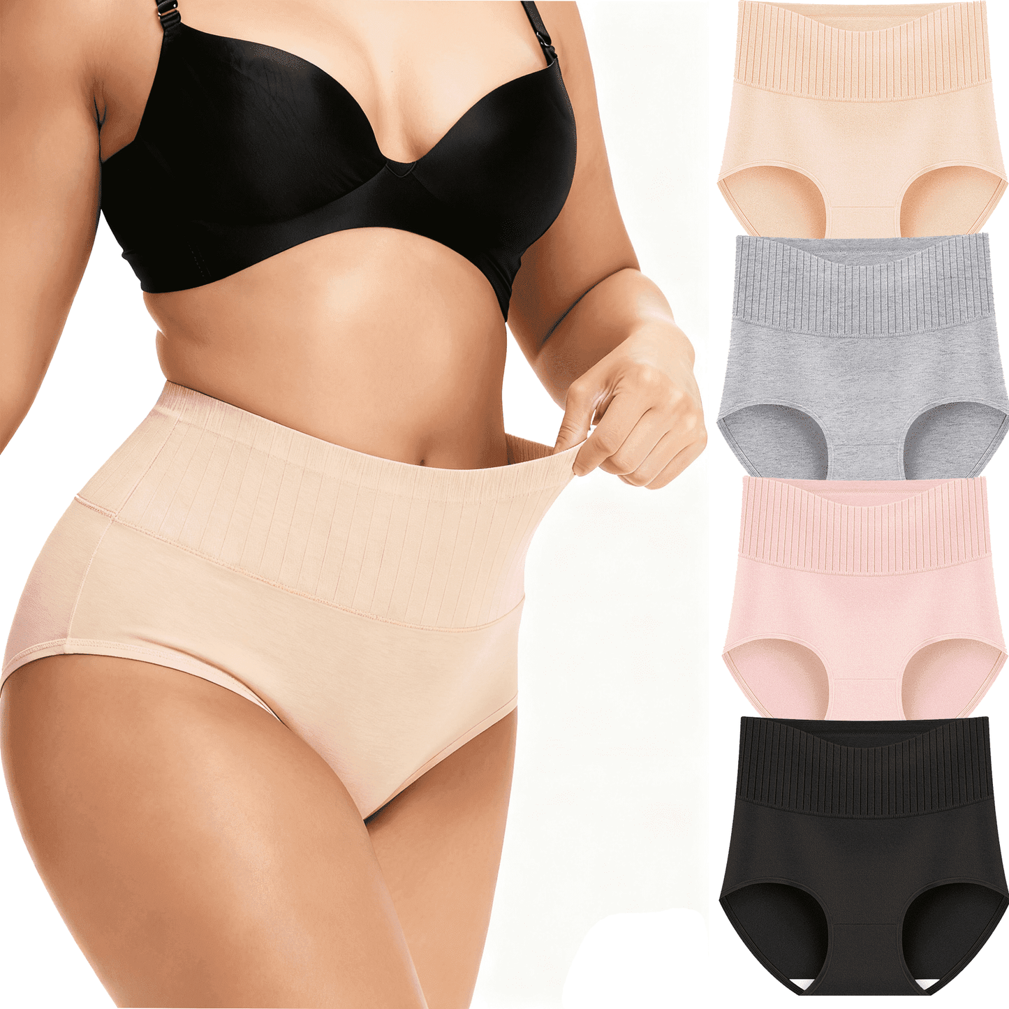 MecTo Womens Cotton Underwear High Waisted Tummy Control Breathable Panties Plus Size Ladies Panties 4 Pack, Black