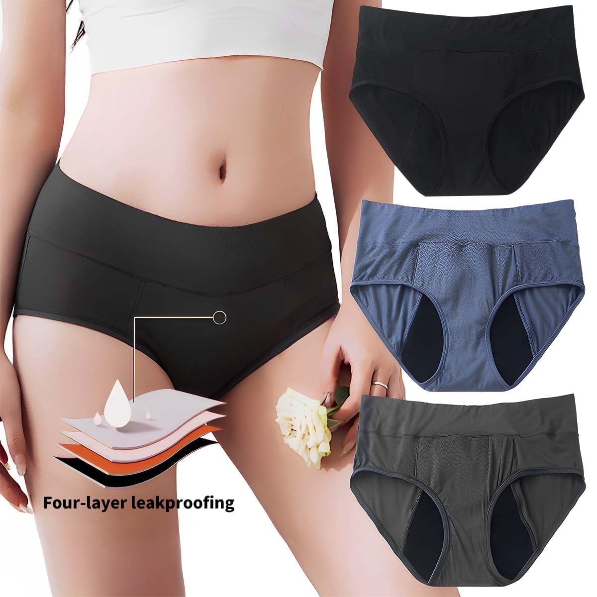 Sunm Boutique Period Underwear for Women, Heavy Flow Quick Absorbing Leak-Proof Mid-Rise Bamboo Viscose Panties, 3-Pack 50ml Absorbency
