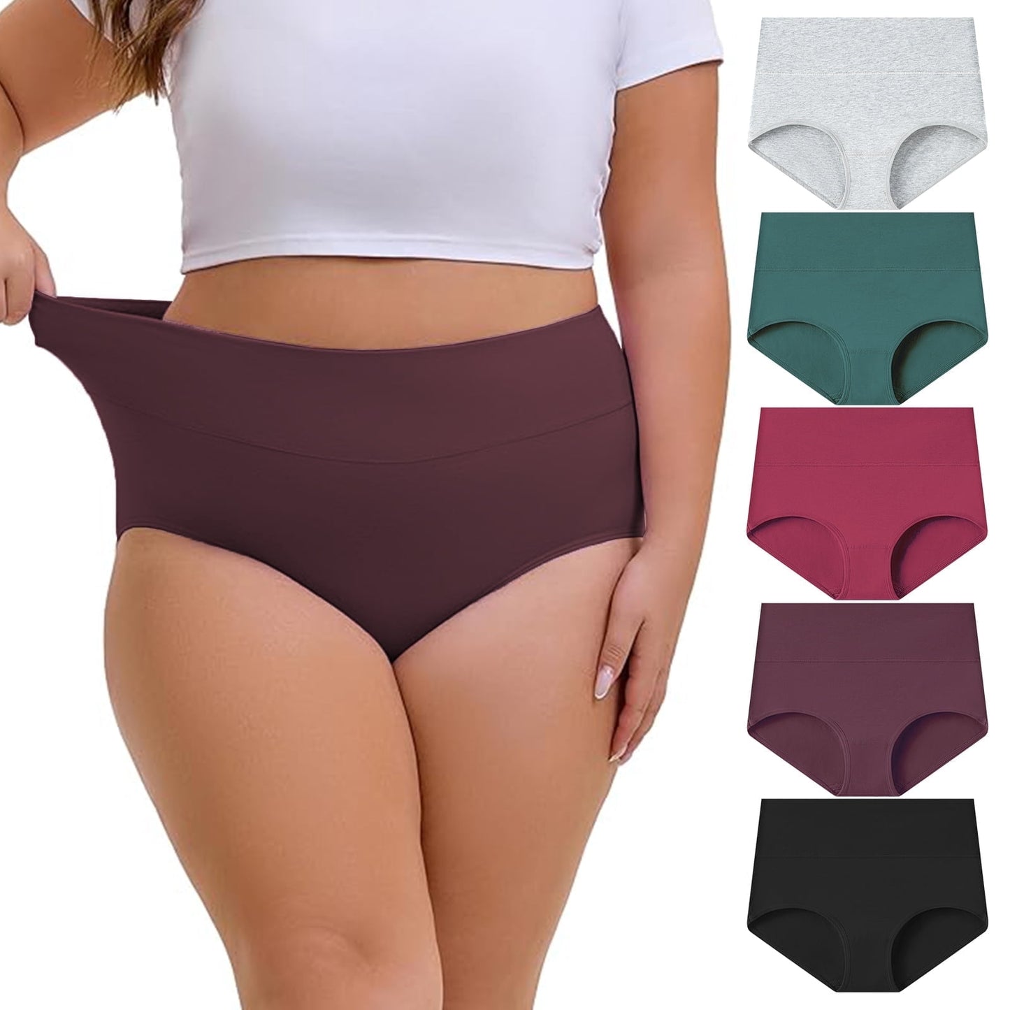 Sunm Boutique Plus Size Women’s Cotton Briefs Underwear, 5-Pack High Waisted Full Coverage Panties, Soft Breathable with Double-Layer Waistband