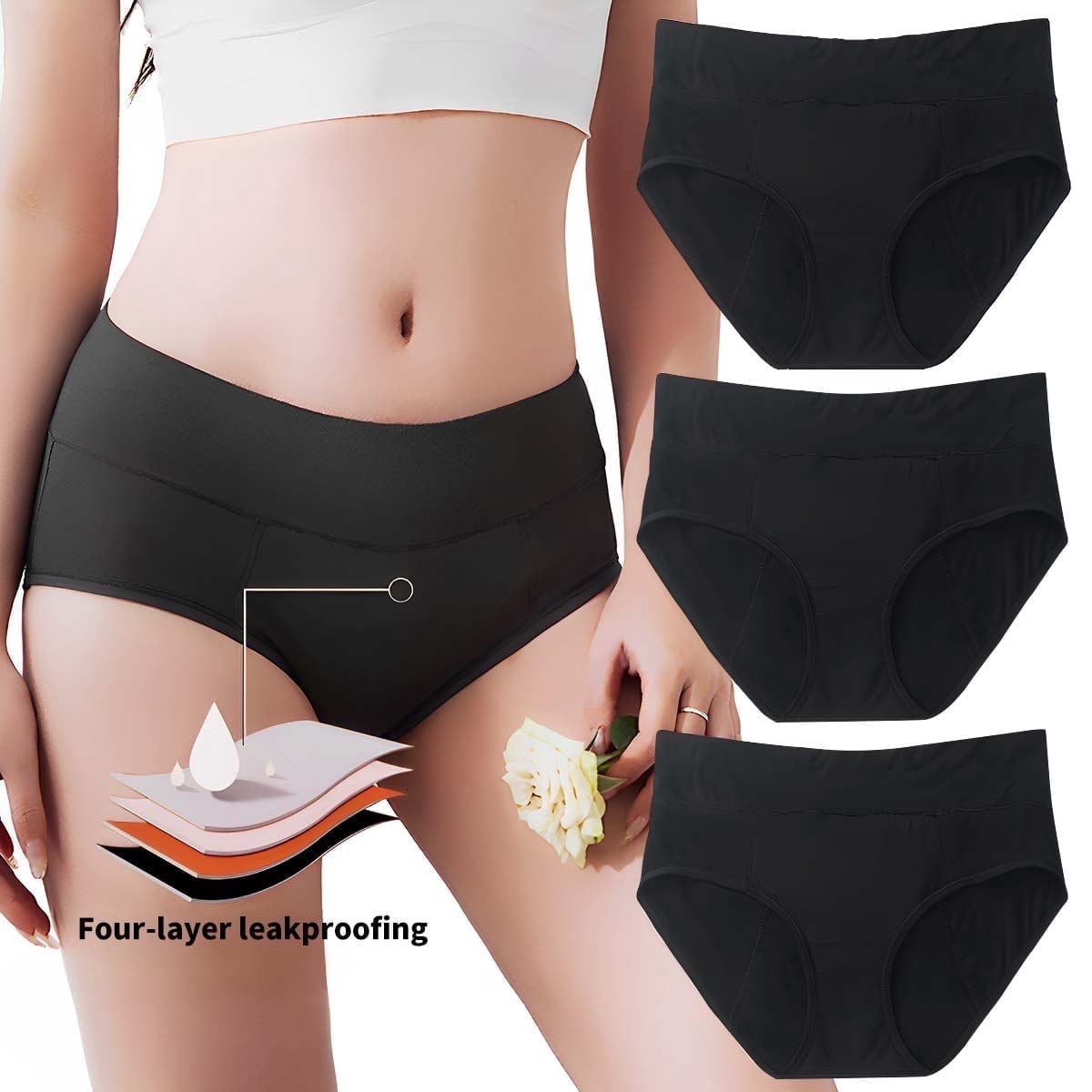 Sunm Boutique Period Underwear for Women, Heavy Flow Quick Absorbing Leak-Proof Mid-Rise Bamboo Viscose Panties, 3-Pack 50ml Absorbency