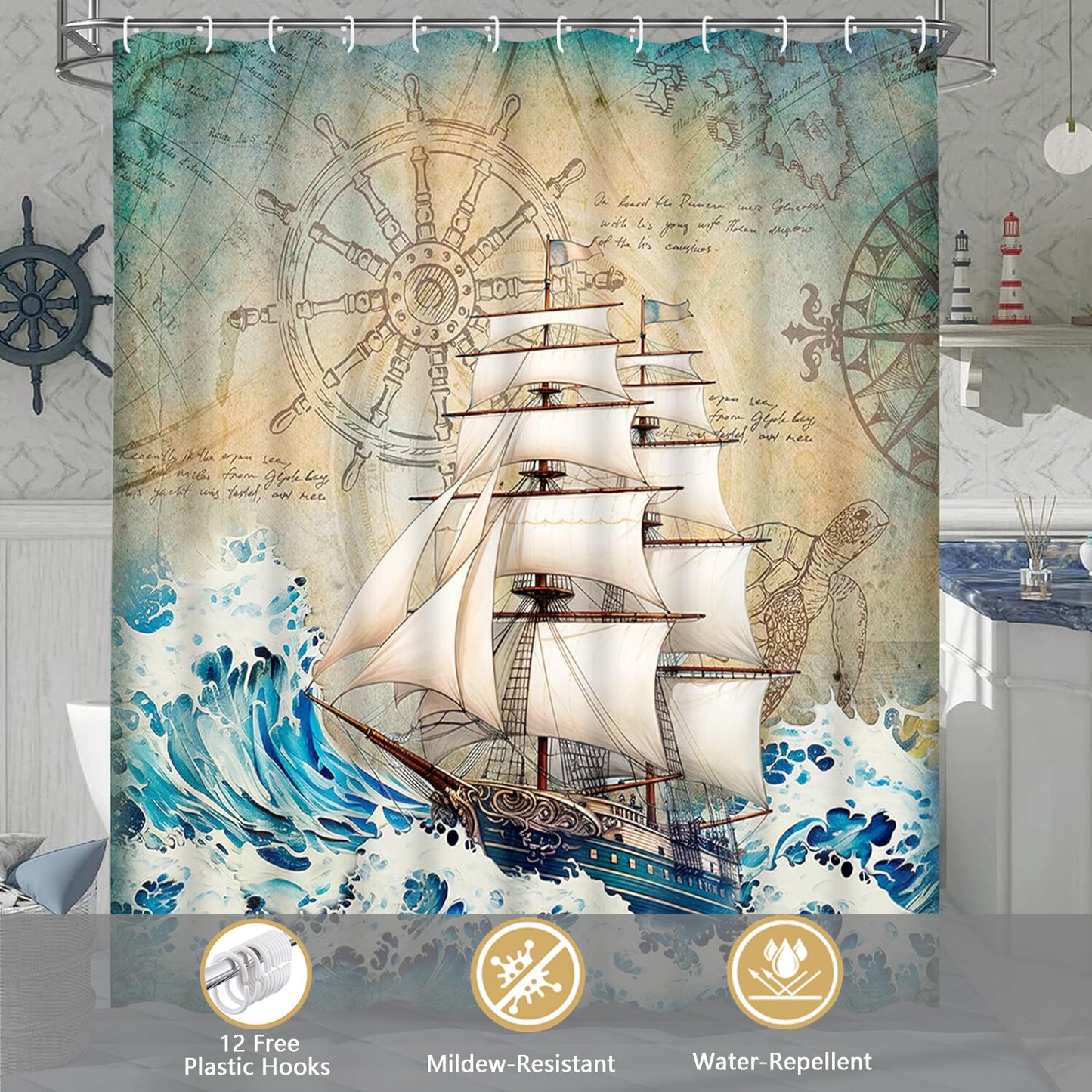FRAMICS 15 Pc Nautical Ocean Bathroom Sets, Coastal Beach Shower curtain Sets with Non-Slip Rugs, Brown Waterproof Fabric Shower Curtain with Bath Mat and 12 Hooks