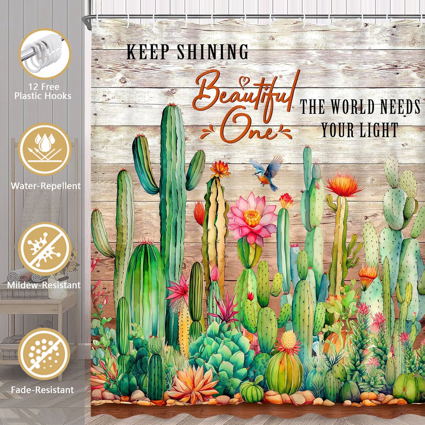 FRAMICS 15 Pc Cactus Shower Curtain Sets, Tropical Succulent Bathroom Sets with Non-Slip Rugs, Rustic Wooden Board Waterproof Fabric Shower Curtain with Bath Mat and 12 Hooks