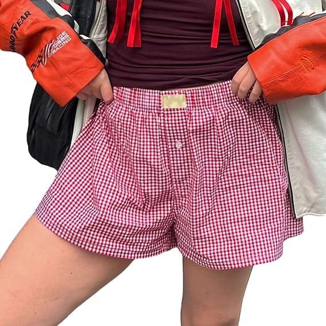 Women Plaid Shorts Elastic Waist Micro Gingham Boxers Loose Fit Pajamas Boy Shorts Cute Going Out Mini Bloomer