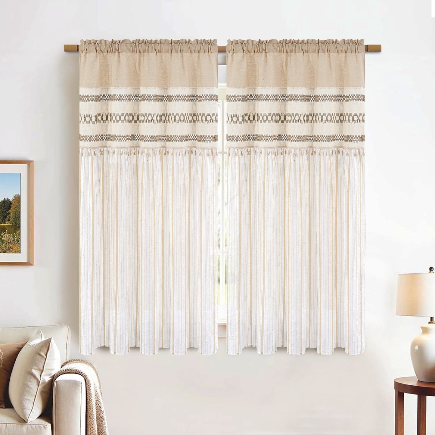 Alishomtll Boho Linen Light Filtering Curtains 84 Inches Long Farmhouse Rustic Striped Drapes Macrame Burlap ,Rod Pocket ,Beige ,with Tassel