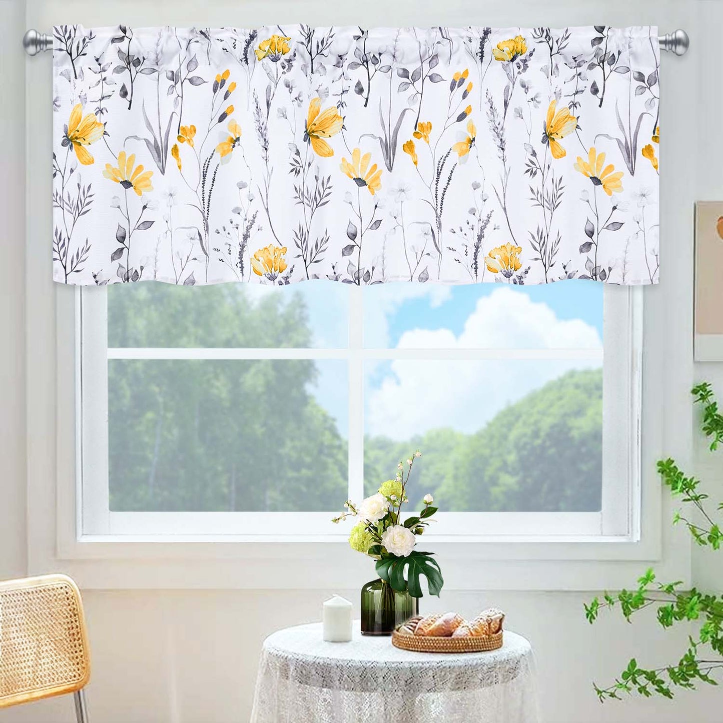 Alishomtll Valance Curtains Yellow Flower Floral Print Valances for Windows Rod Pocket,52W" x 18L"