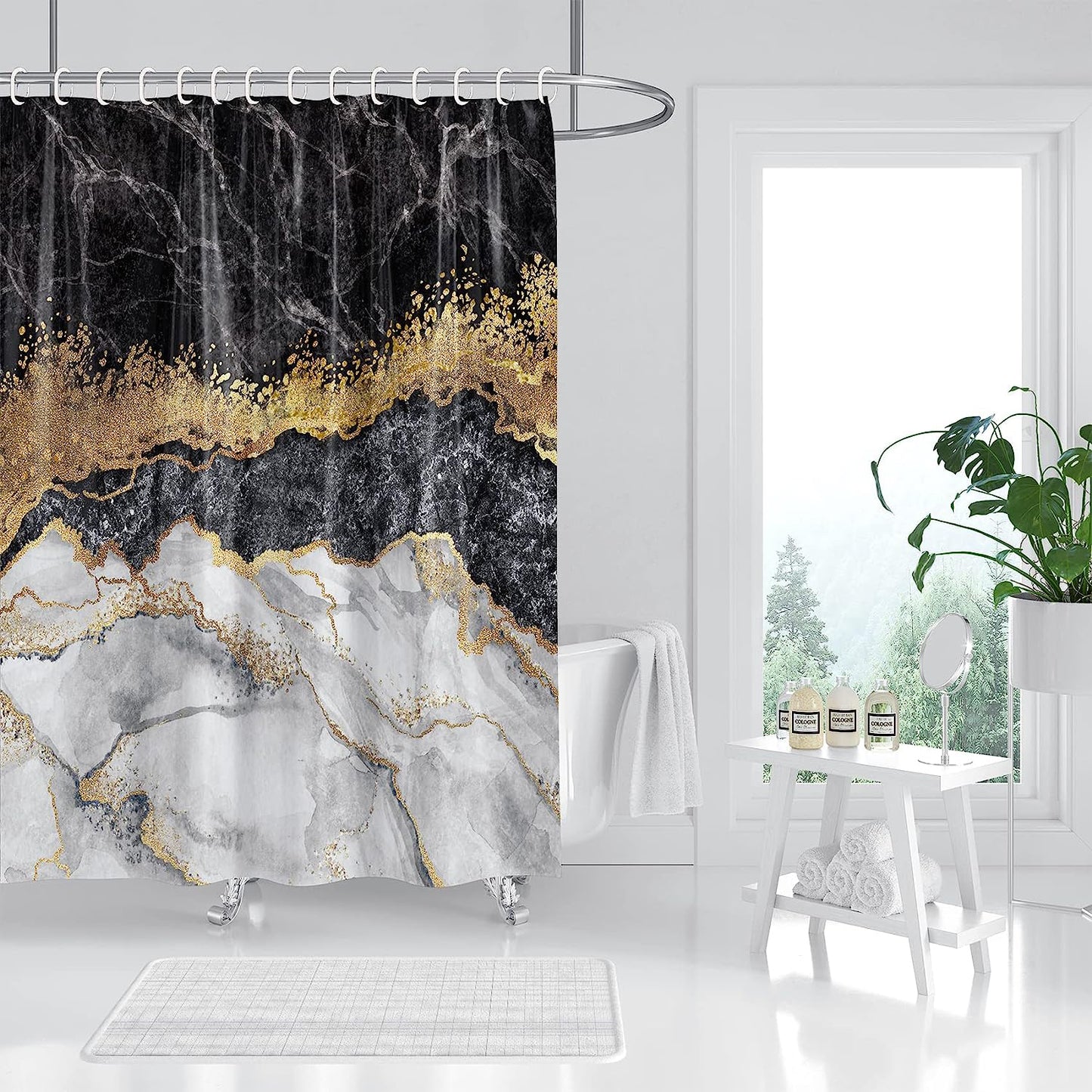 FRAMICS Black Gold Marble Shower Curtain and Rug Sets, 16 Pc Modern Bathroom Sets, Waterproof Fabric Shower Curtain with 12 Hooks and Toilet Rugs