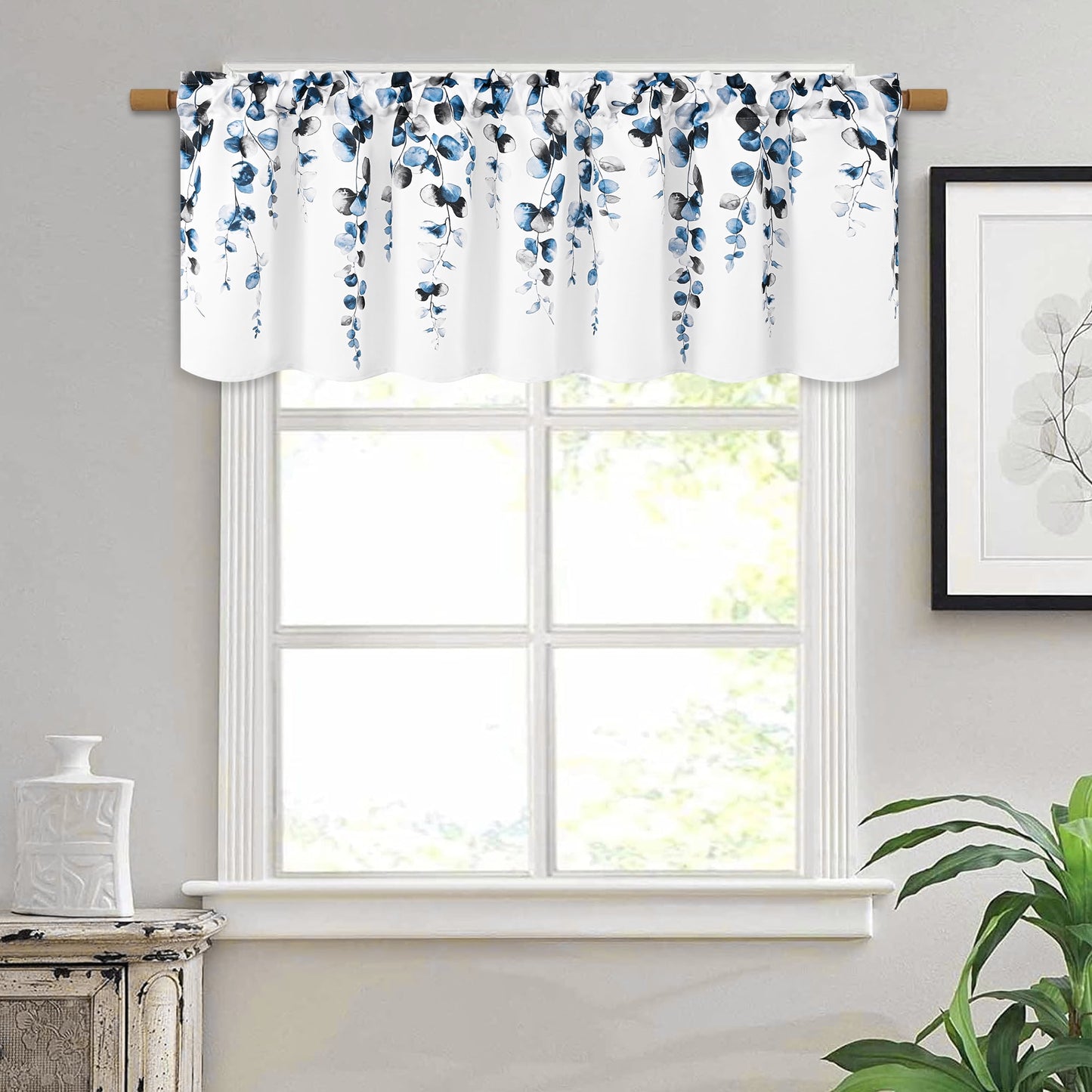Alishomtll Valance Curtains for Living Room Bedroom Kitchen Windows Grey Blue Watercolor Leaves Print ,52 x 18 inch,Rod Pocket