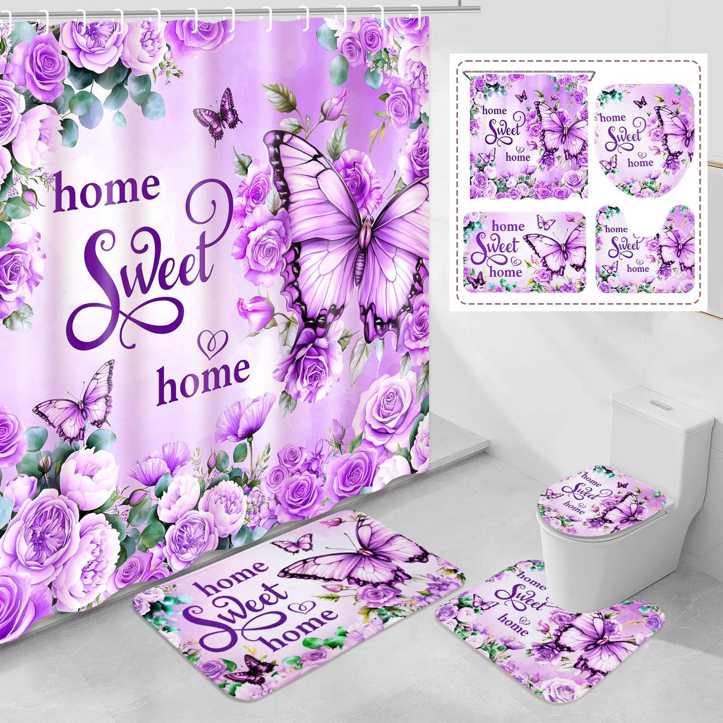 FRAMICS Purple Floral Shower Curtain Sets with Rugs, 16 Pcs Butterfly Farmhouse Bathroom Sets, Waterproof Fabric Bathroom Curtain Decor with Hooks